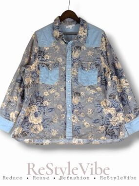 LOVE THE LABEL Women’s Size 1X Top Shirt Floral Denim Snap Front Closure Western
